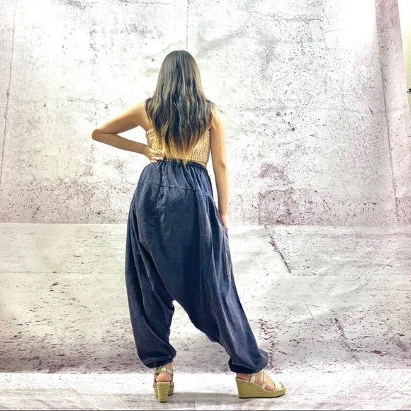 Handmade stonewashed Ohm Print Harem Pants Navy - Picture 5 of 7